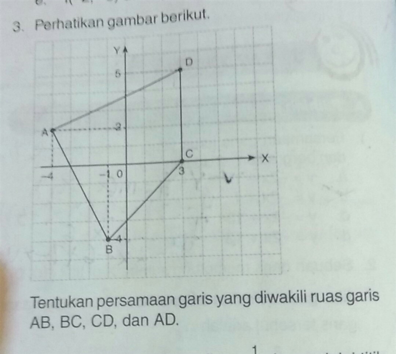 Tentukan persamaan garis yang di wakili ruas garis AB,BC,CD dan AD! tolong kak-example-1