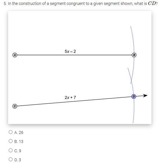 In the construction of a segment congruent to a given segment shown, what is CD?-example-1