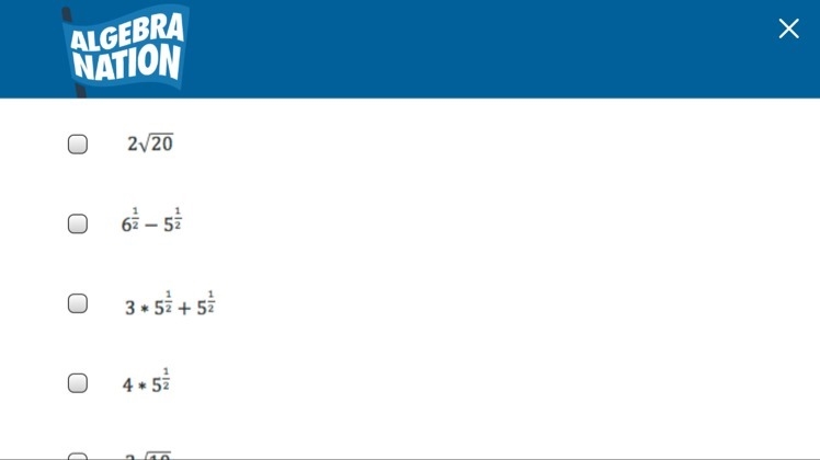 What is the equivalent of 4 times the square root of five? answer all that apply. The-example-1