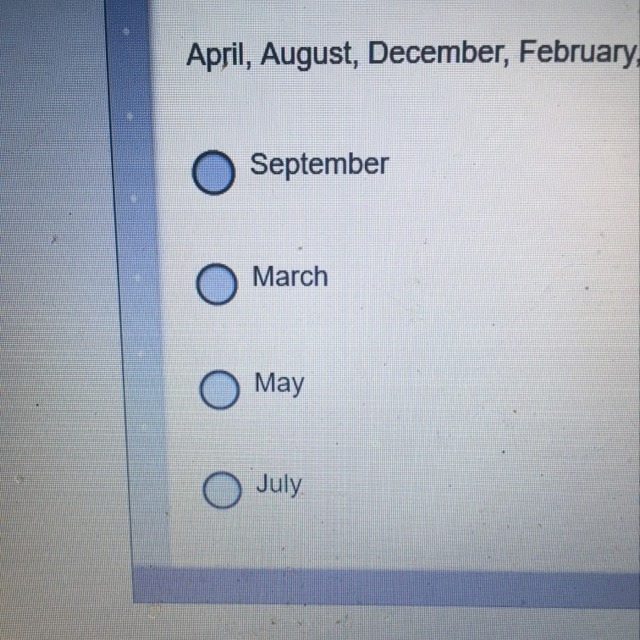 Super easy pattern question? Which is the next term in this pattern? April, August-example-1