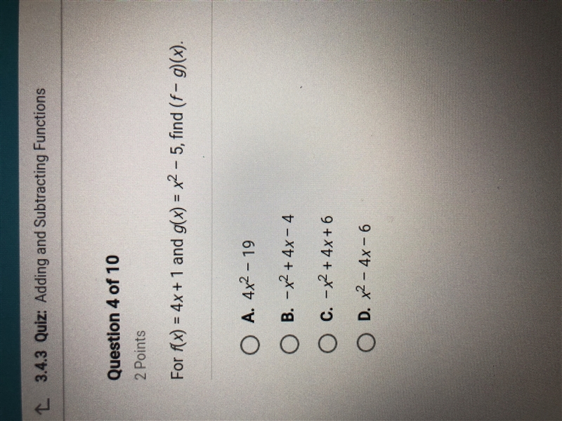 For f(x) = 4x +1 and g(x) = x2 - 5, find (f - g)(x)-example-1