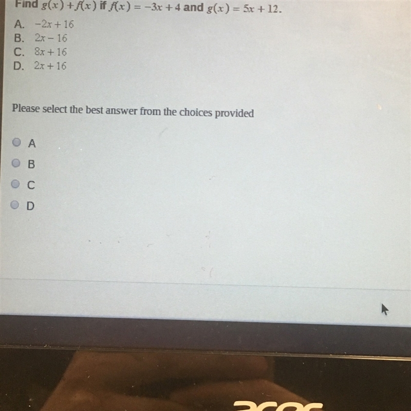 Help pls! find g(x)+ f(x)=-3x+4 and g(x)=5x+12-example-1