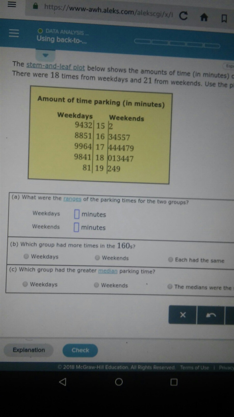 The stem and leaf plot below shows the amounts of time (in minutes) customers parked-example-1