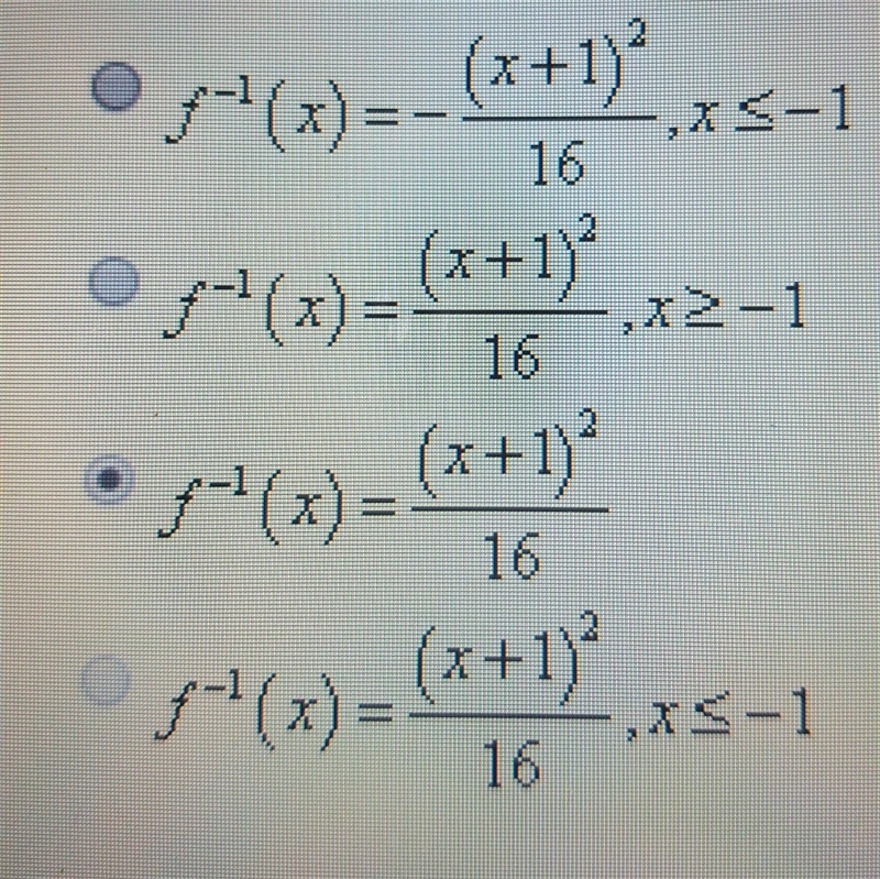 Please help! For the function f(x) -4 sqrtx - 1, find the inverse function.-example-1