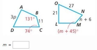 In the figure, quadrilateral ABCD≅≅ quadrilateral LMNO. Find m. Only type the numerical-example-1