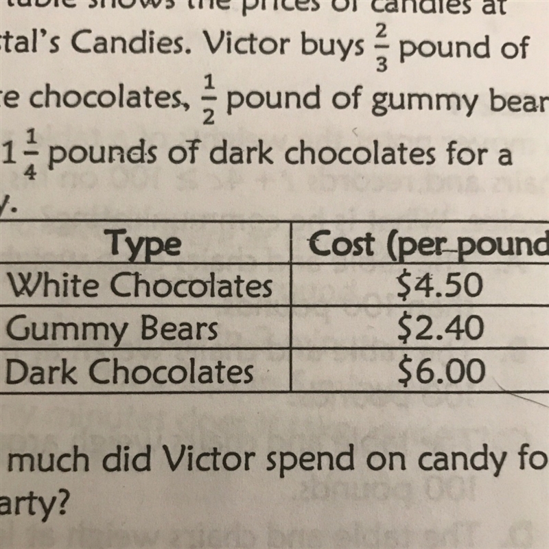 The table shows the prices of candies at Crystal’s Candies. Victor buys 2/3 pound-example-1