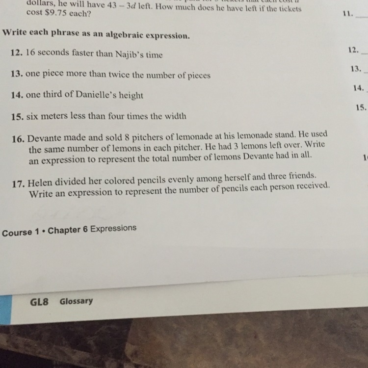 Help from 12-17 please ! Write a phrase as an algebraic expression please-example-1