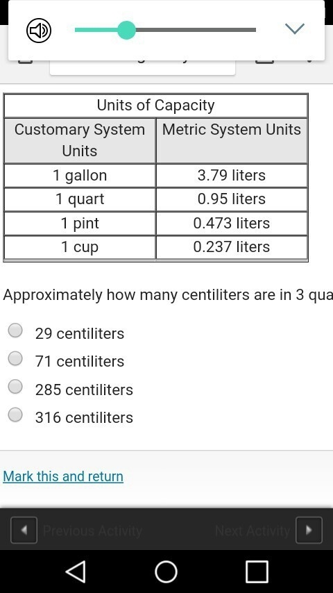 Approximately how many centiliters are in 3 quarts? Round answer to the nearest unit-example-1