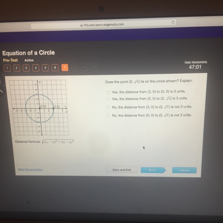 Does the point (2, sqrt 6) lie on the circle shown? Hurry please !-example-1