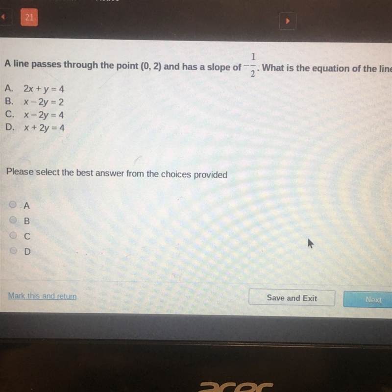 PLS HELP ! a line passes theoufh the point (0,2) and has a slope of -1/2 what is the-example-1