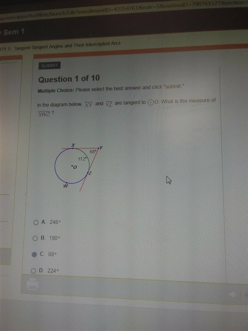 In the diagram below xy and yz are tangent to o what is the measure of xwz-example-1