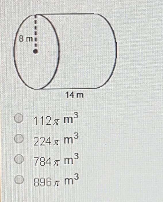 (time limit!) what is the volume below? A) 112 B) 224 C) 784 D) 896-example-1