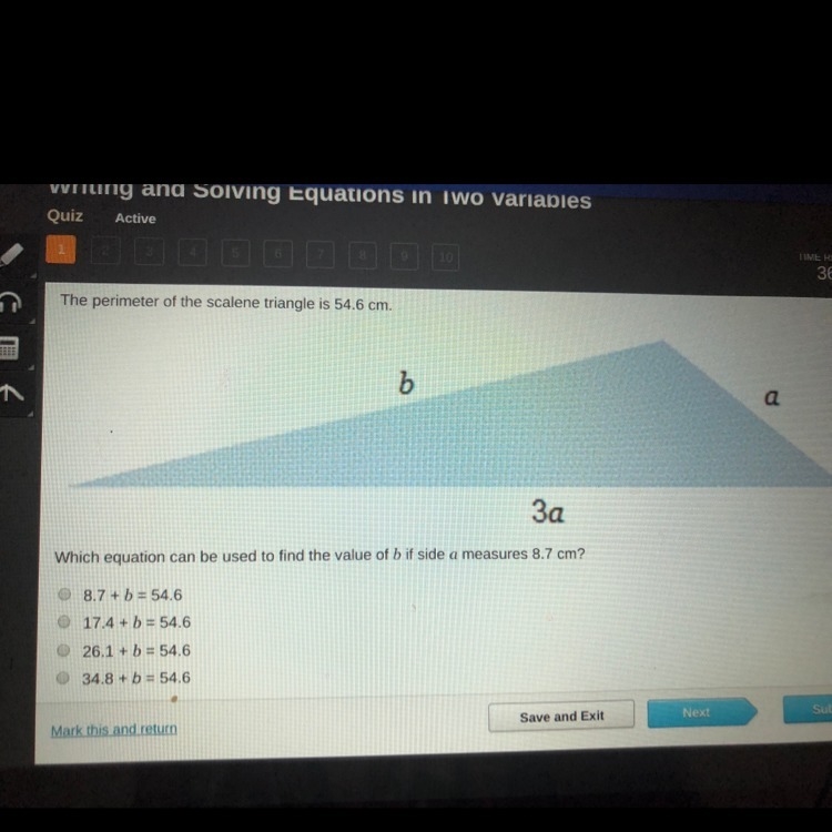 Which equation can be used to find the value of “b” if side “a” measures 8.7 cm?-example-1