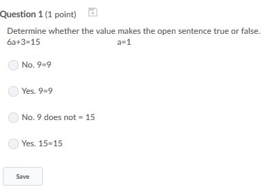 Determine whether the value makes the open sentence true or false. 6a+3=15-example-1