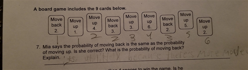 Mia says the probability of moving back is the same as the probability of moving up-example-1