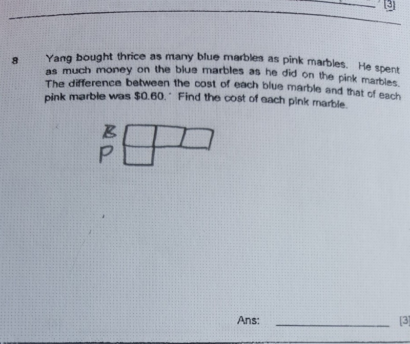 Yang bought thrice as many blue marbles as pink marbles. He spent as much money on-example-1