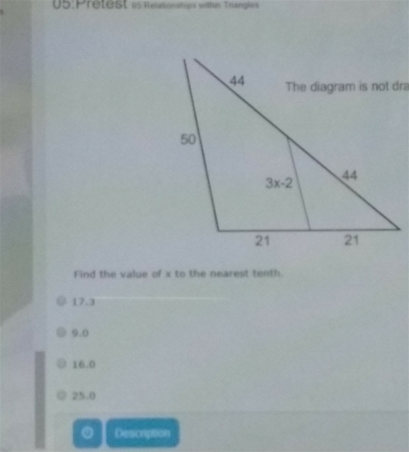 Find the value of x to the nearest tenth. a. 17.3 b. 9.0 c. 16.0 d. 25.0-example-1