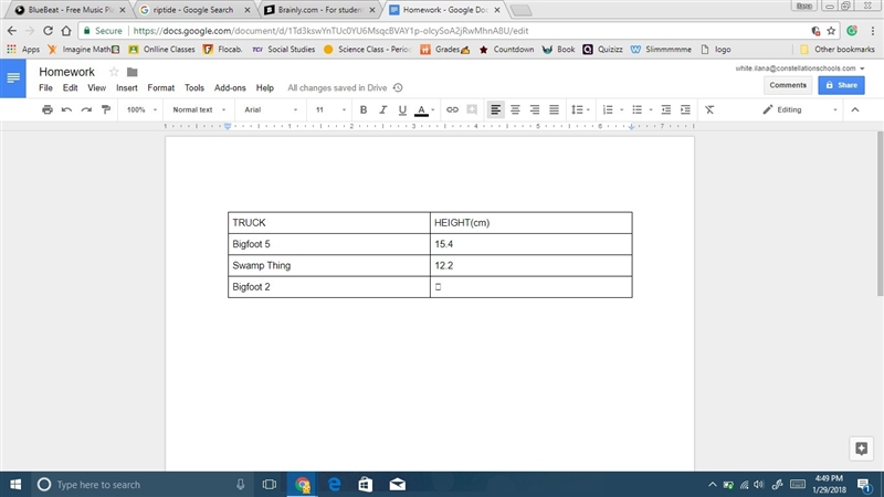 PLEASE HELP!!!!!!  The table shows the hieghts of 3 monster trucks . BigFoot 5 is-example-1