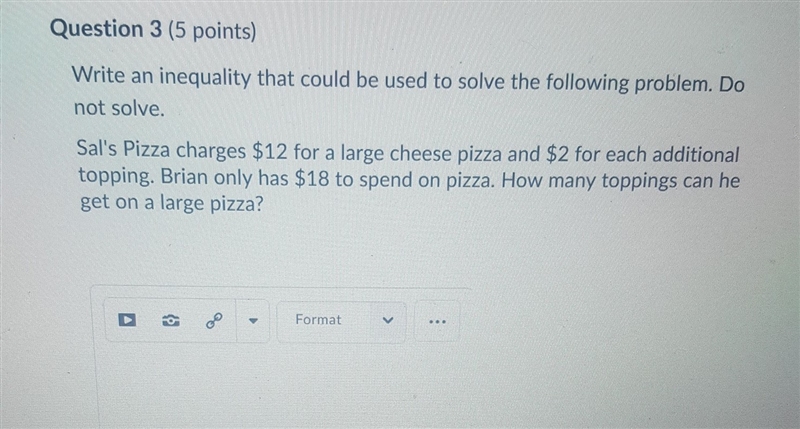 Write an inequality that could be used to solve the following problem. Do not solve-example-1