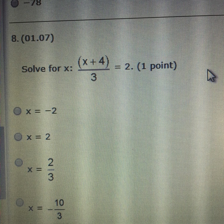 Solve (x + 4) over 3 = 2-example-1