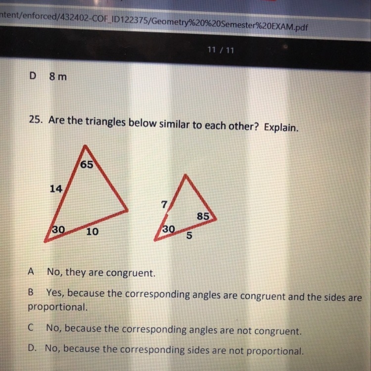 Are the triangles below similar to eachother?-example-1