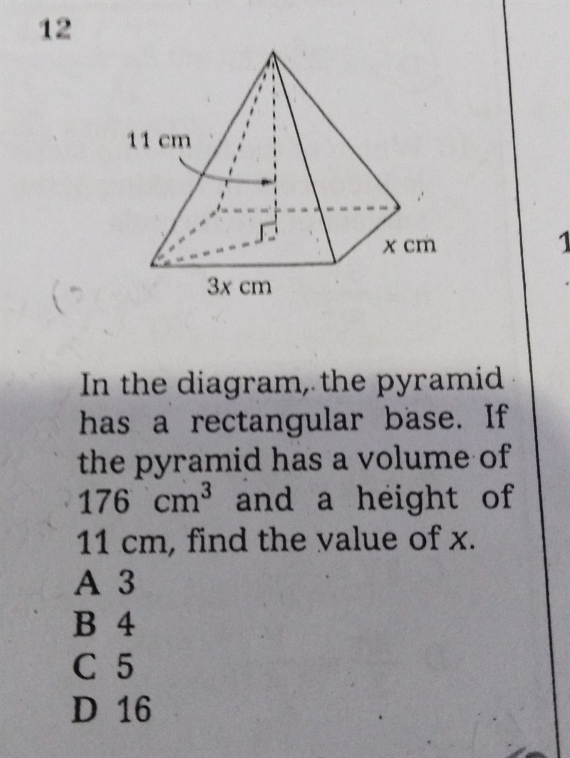 in the diagram,the pyramid has a rectangular base.ifthe pyramid has a volume of 176 cmcube-example-1