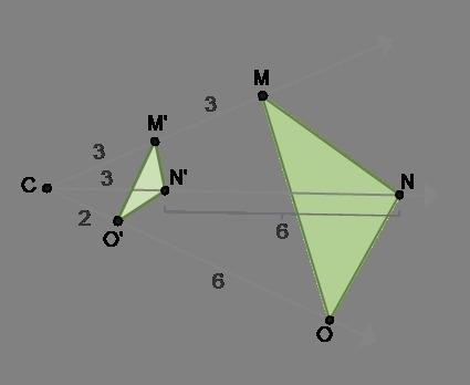 Determine whether triangle M'N'O' is a dilation of triangle MNO. The transformation-example-1