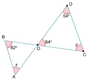 N the figure, and are line segments. What is the sum of x and y? 108° 116° 118° 126°-example-1