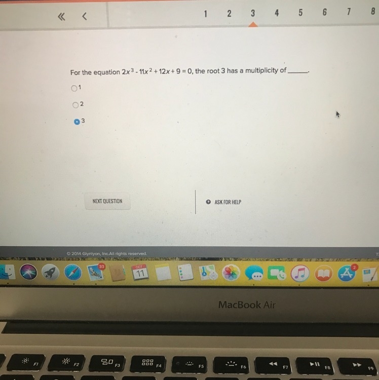 For the equation 2x^3 -11x^2 + 12x + 9 = 0 The root 3 has a multiplicity of A. 1 B-example-1