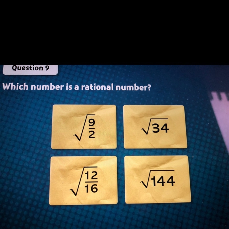 Helpppp!!!!Im not sure what this is, isn’t the square root of 144 a rational number-example-1