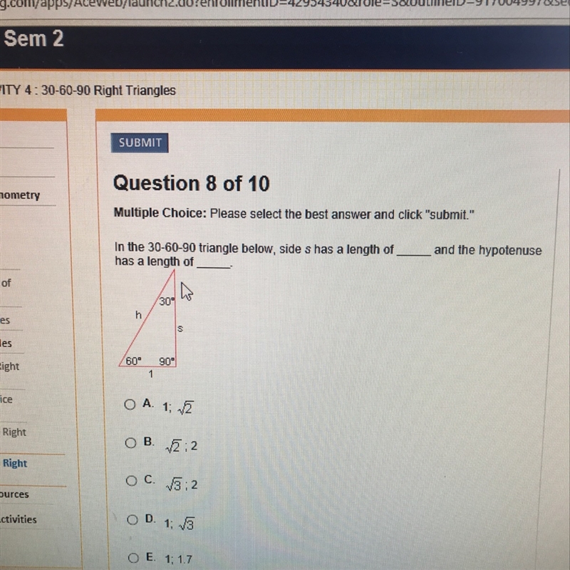 I’m the 30-60-90 triangle below side S has a length of ___ and the hypotenuse has-example-1