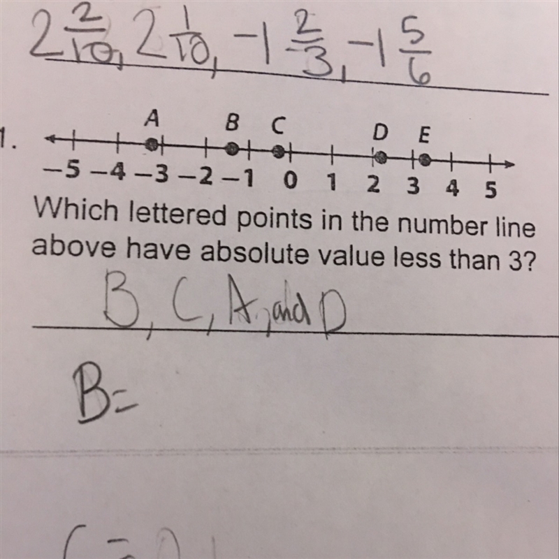 Which lettered points in the number line above have absolute value less than three-example-1