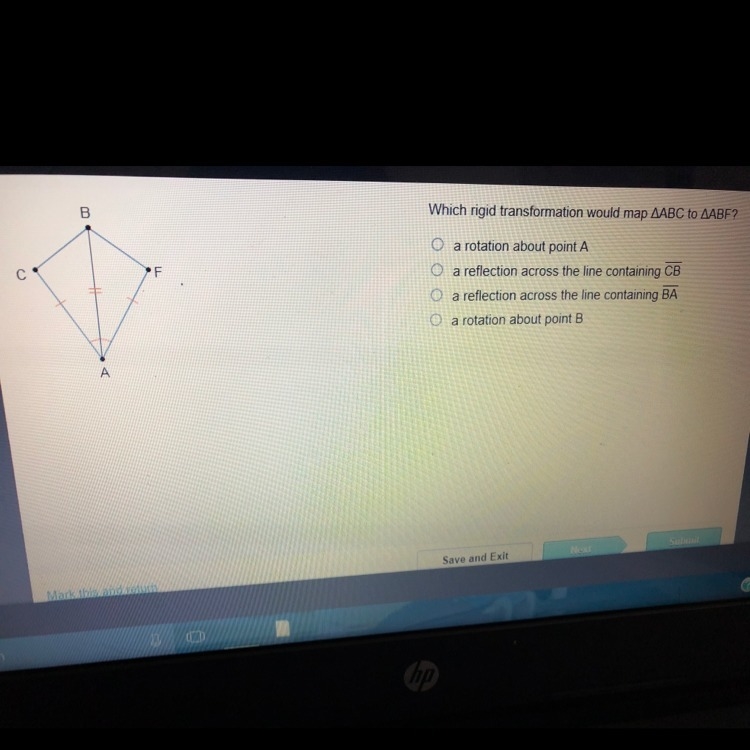 Which rigid transformation would map ABC to ABF? A) a rotation about point A B) a-example-1