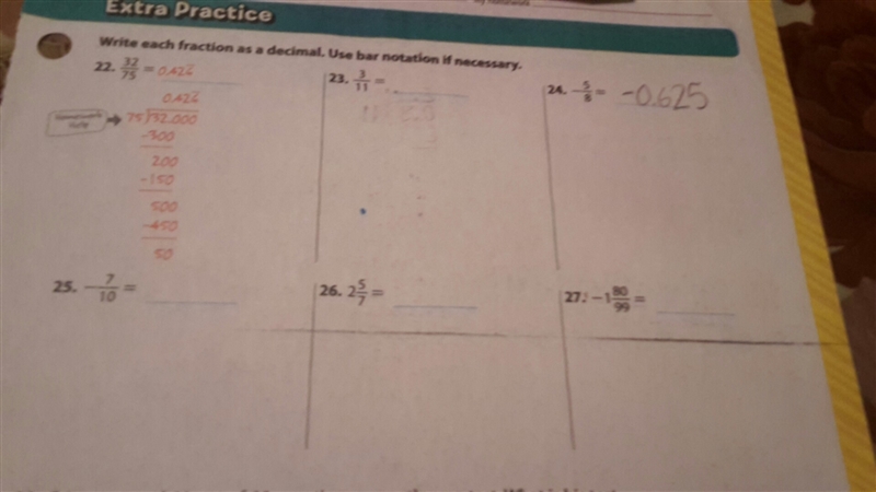 Write each fraction as a decimal. Use bar notation if necessey.-example-1