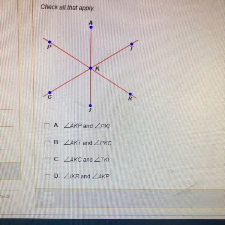 Which pairs of angles in the figure below are vertical angles?-example-1