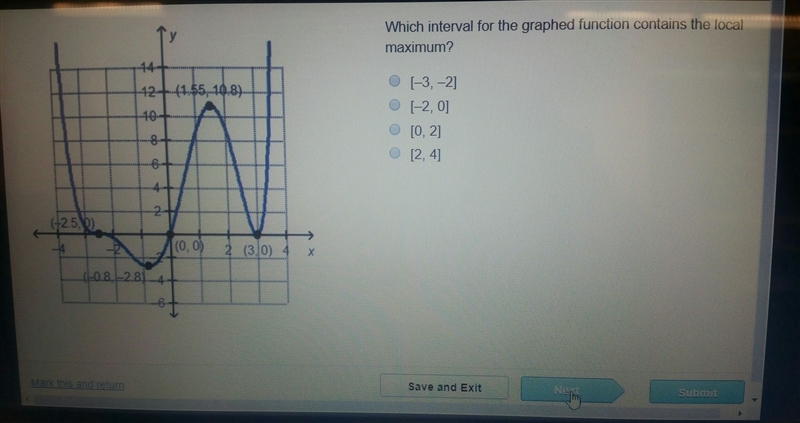 Which interval for the graphed function contains the local maximum-example-1