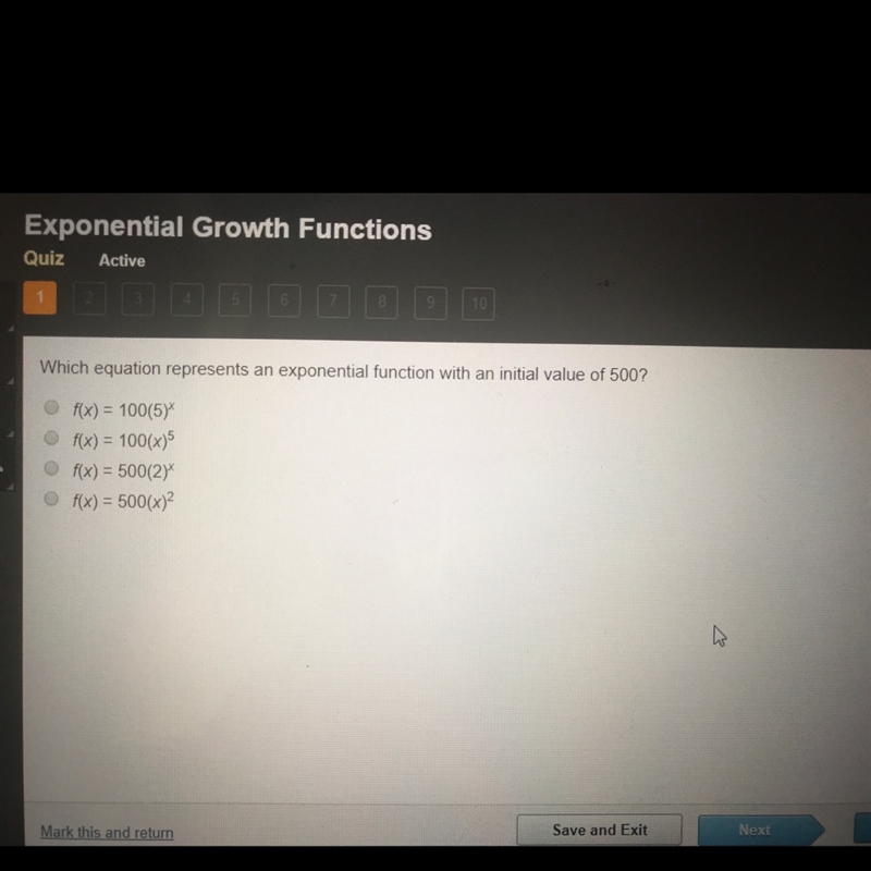 Which equation represents an exponential function which in initial value of 500?-example-1