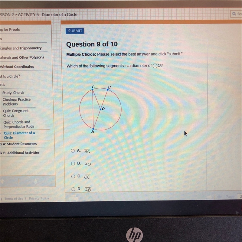 Which of the following segments is a diameter of O?-example-1