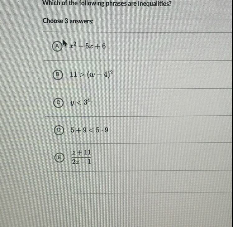 Which of the following phrases are inequalities?-example-1