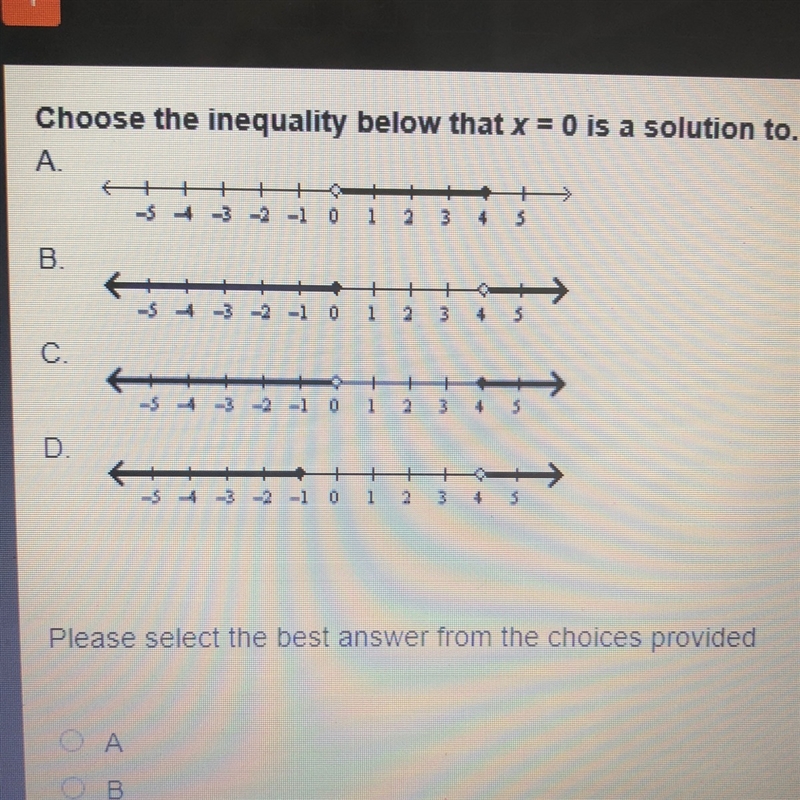 Choose the inequality below that x=0 is a solution to.-example-1