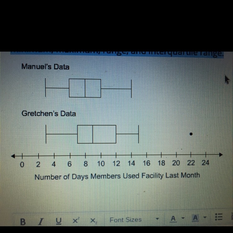 Can someone help me? Write a paragraph comparing the box plots of Manuel’s data and-example-1