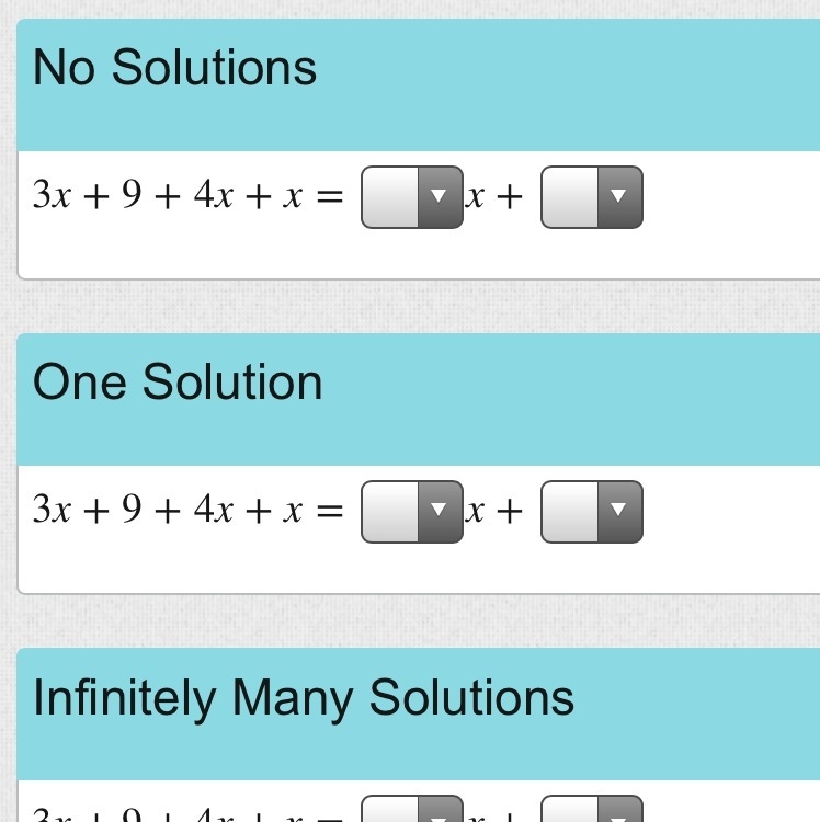 Use the drop-down menus to complete each equation so the statement about its solution-example-1