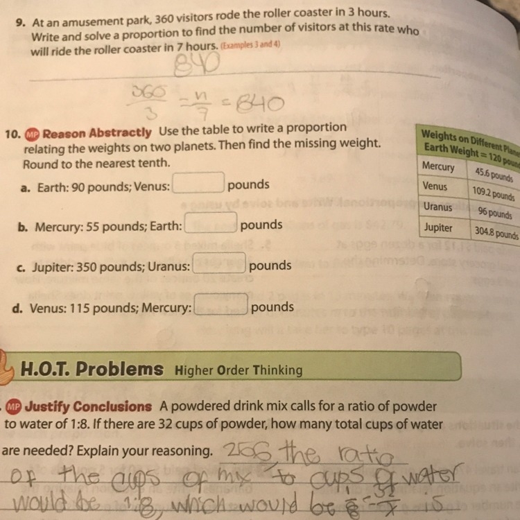 Use the table to write a proportion relating the weights on two planets. Then find-example-1