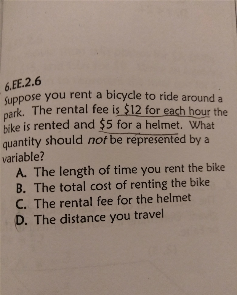 suppose you rent a bicycle to ride around a park. The rental is $12 for each hour-example-1