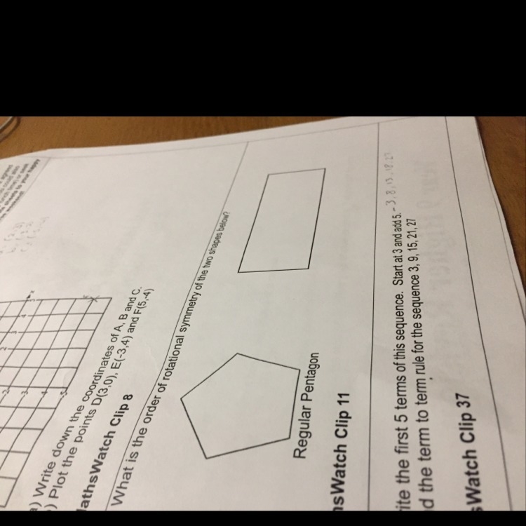 What is the order of rotation symmetry of a regular pentagon and a rectangle?-example-1