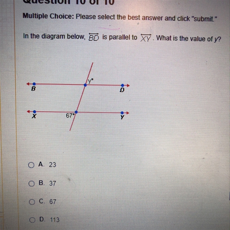 In the diagram below BD is parallel to XY what is the value of Y?-example-1