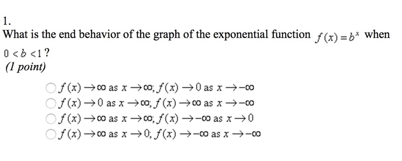 What is the end behavior of the graph of the exponential function f(x)=b^x when 0-example-1