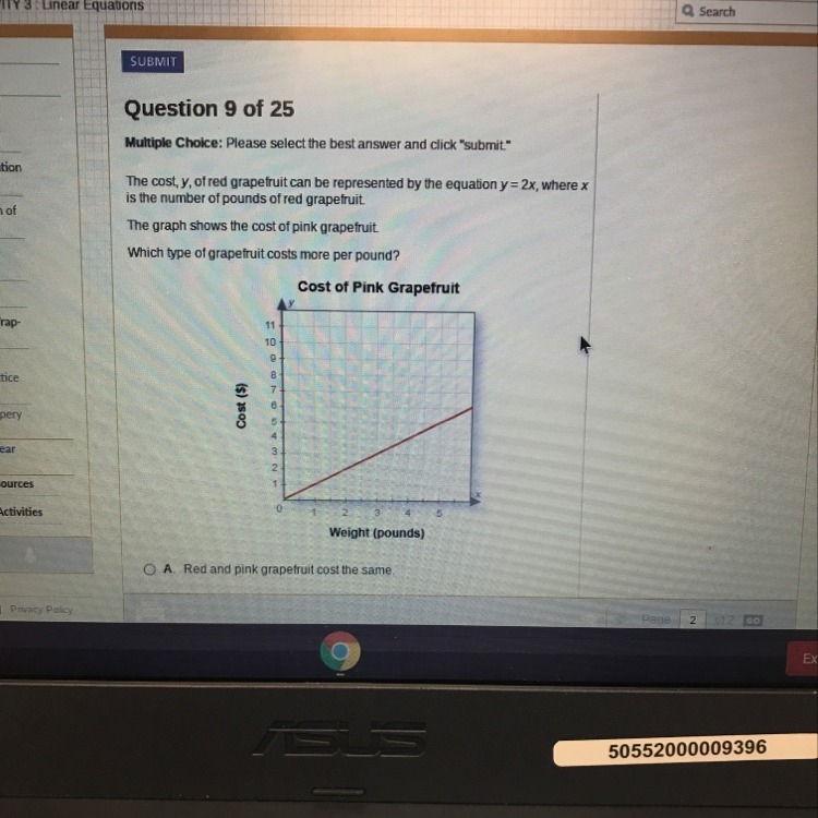 The cost,y of the red grapefruit can be represented by the equation y=2x-example-1