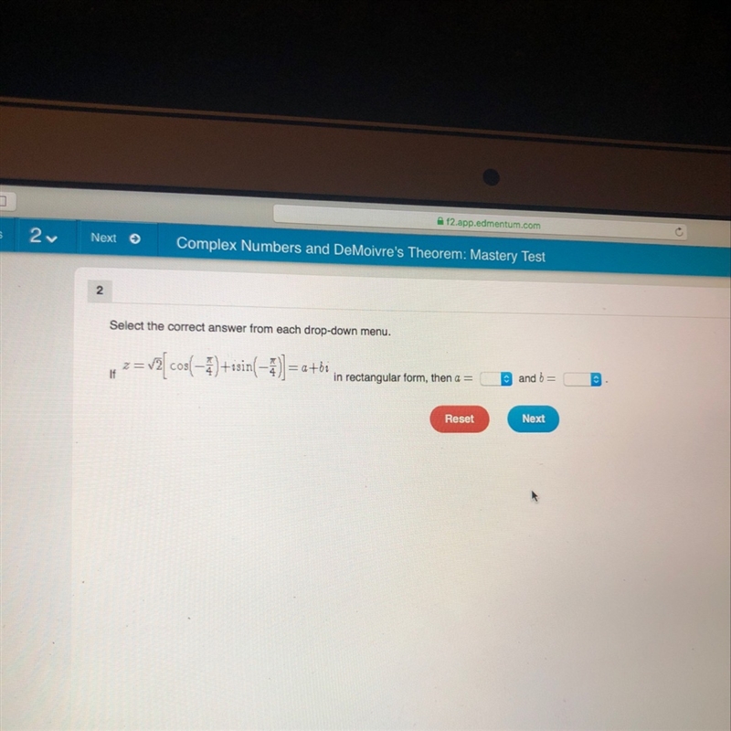 Z=sqrt 2[cos(-pi/4)+isin(-pi/4)]=a+bi what is a and b?-example-1