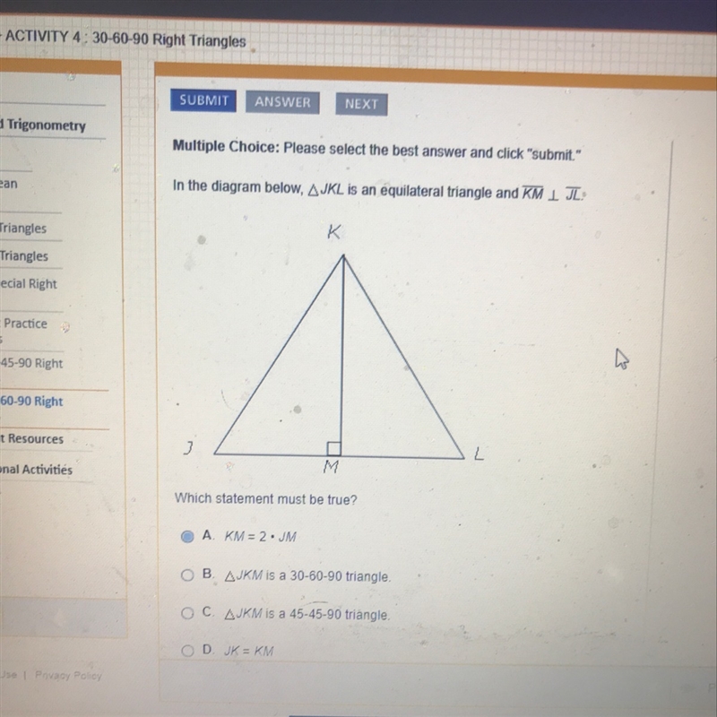 JKL is an equilateral triangle and KM and JL-example-1